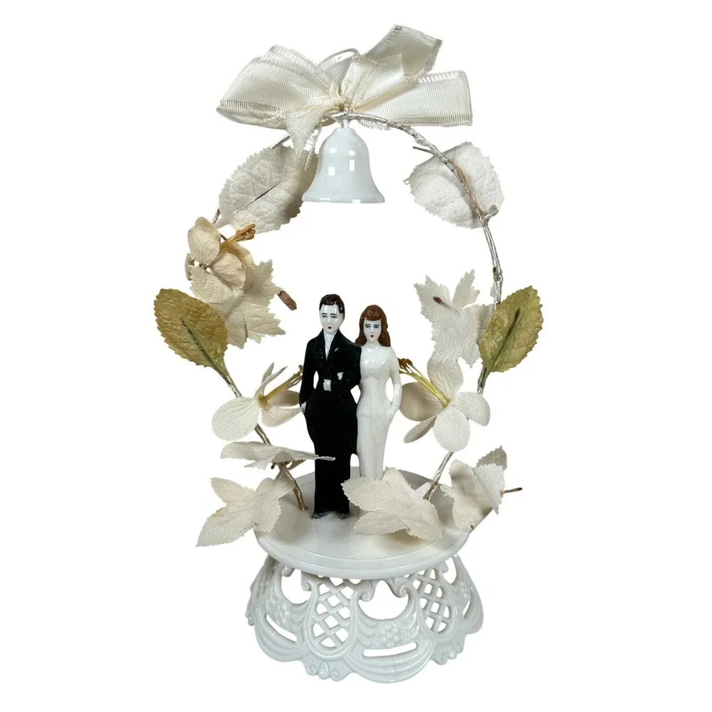 Vintage Mid Century Wedding Cake Topper Bride Groom Figures Bell Arch Retro